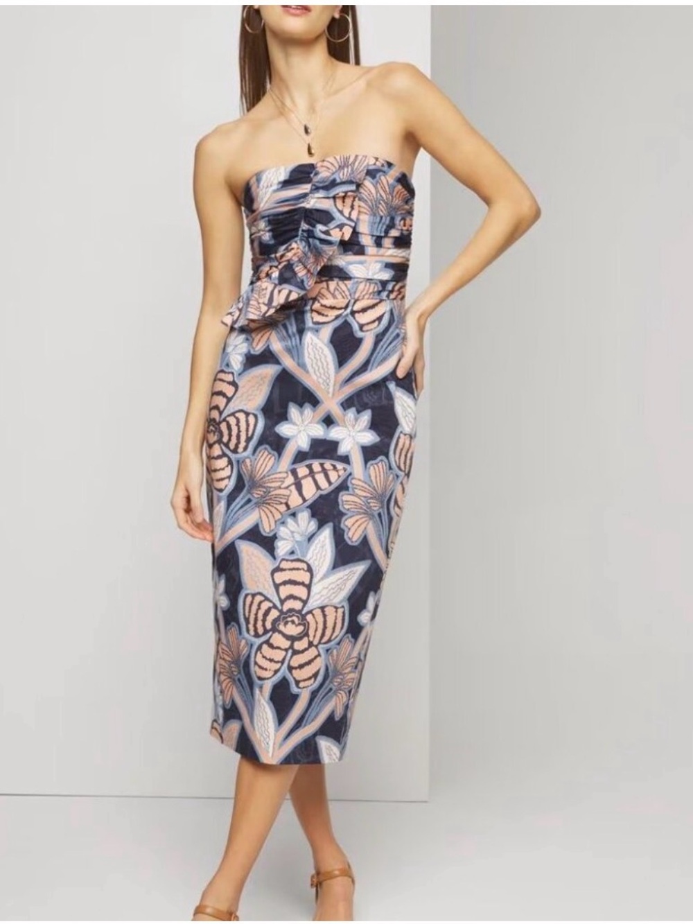 White House Black Market Silky Sundress Navy Floral Print Ruched Bust Size 6